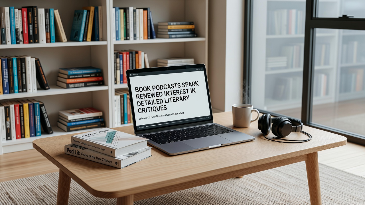 Group of listeners gathered around a table with open books and headphones during a literary discussion