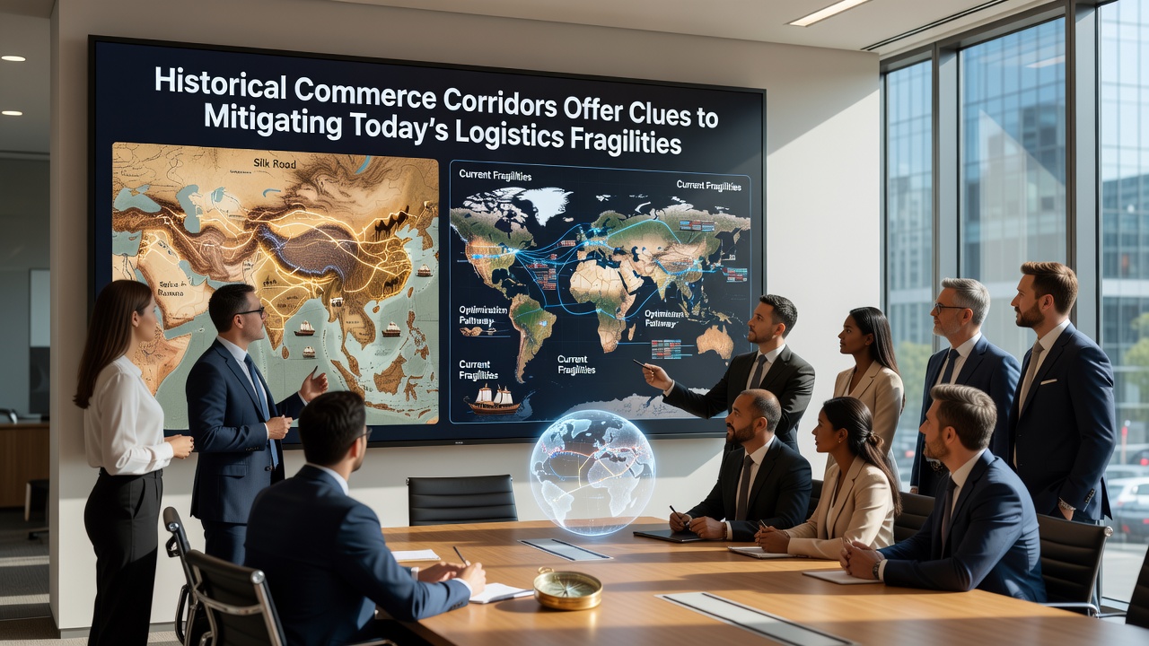 Contemporary container port with overlay graphics showing historical trade route parallels